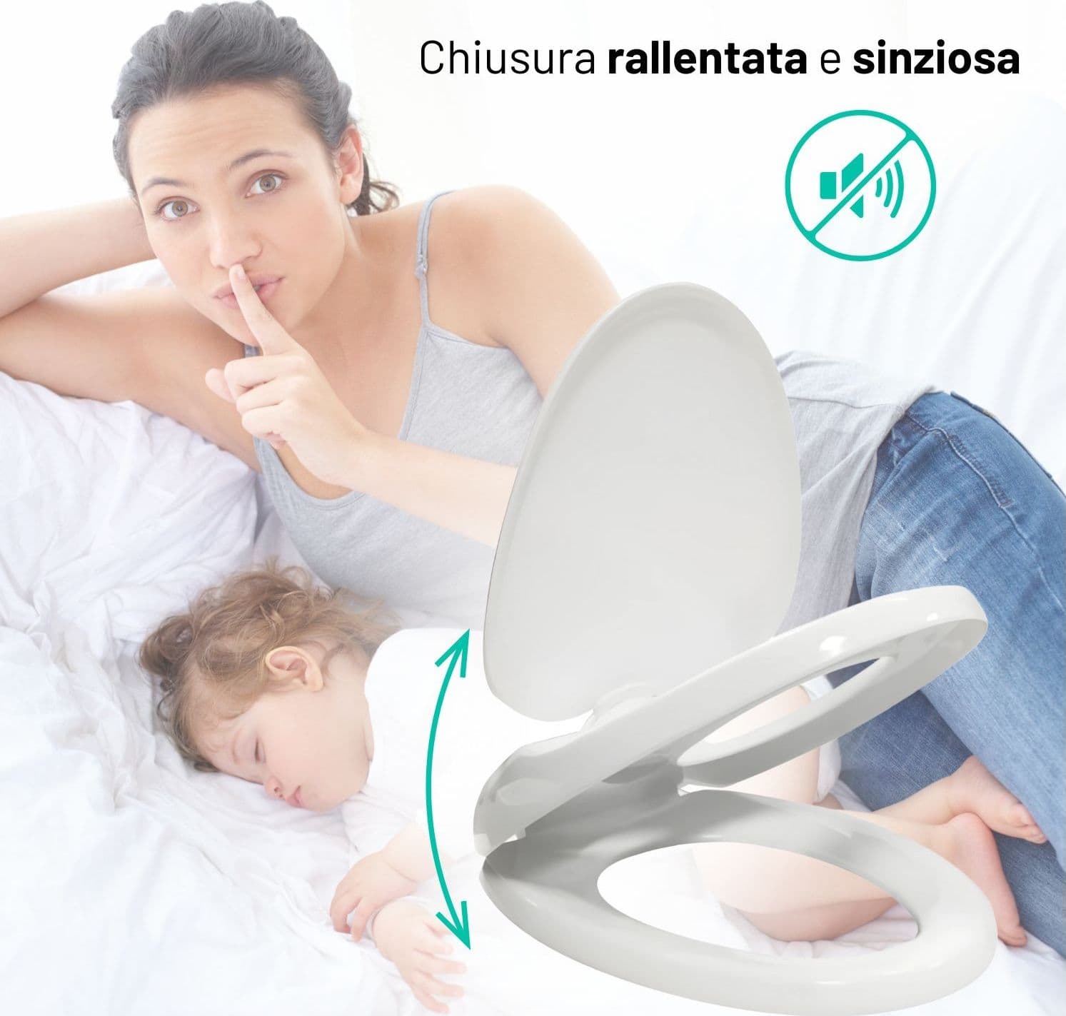 Sedile Wc Copri Water Tavoletta Vaso Universale Bianco Polipropilene PP Baby Family Sistema Soft Closing Bagno - 5