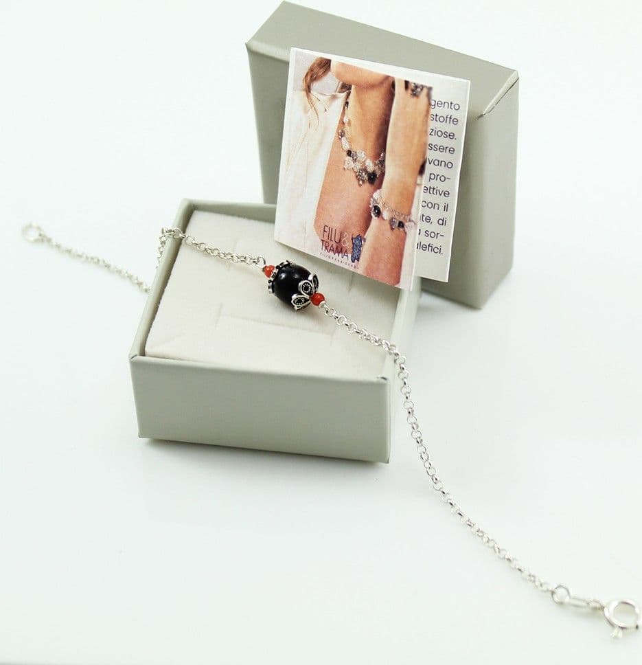 Bracciale Argento Su Coccu con Onice e Corallo Portafortuna - 5