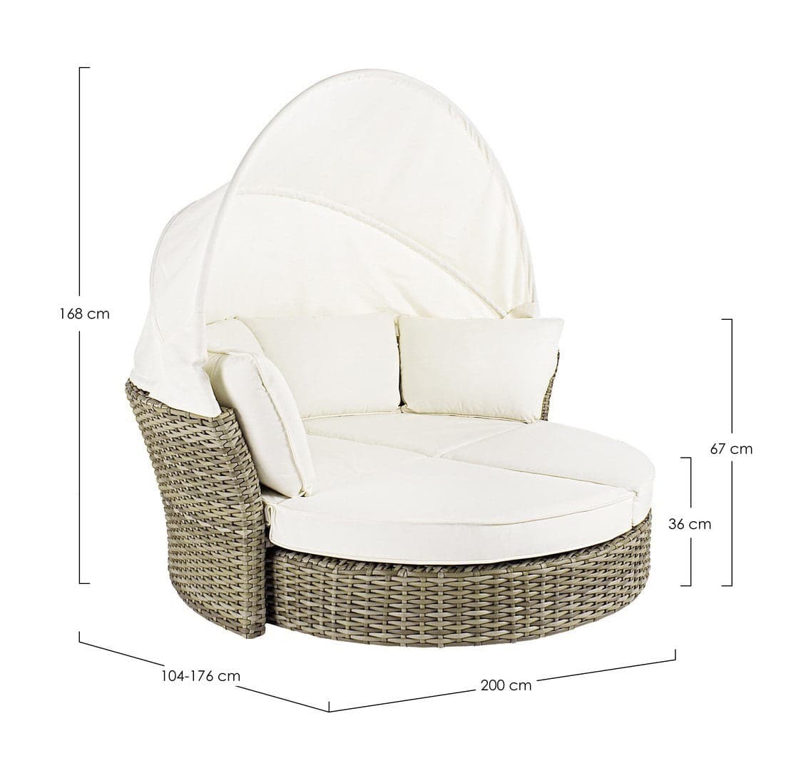 Daybed "Lesly" con cuscino e cappottina, struttura in alluminio e intreccio in fibra sintetica Giardino e giardinaggio/Arredamento da giardino e accessori/Lettini Decor Space - Altamura, Commerciovirtuoso.it