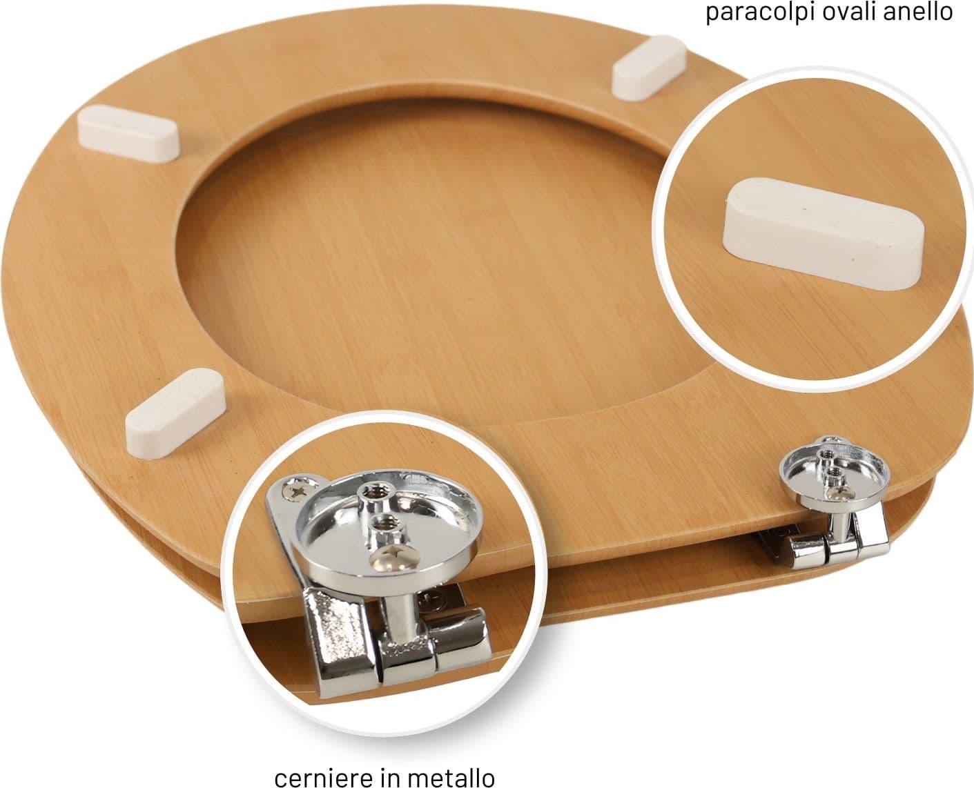Sedile CopriWater Tavoletta Universale linea Bamboo MDF Legno Cerniere Metallo - 9