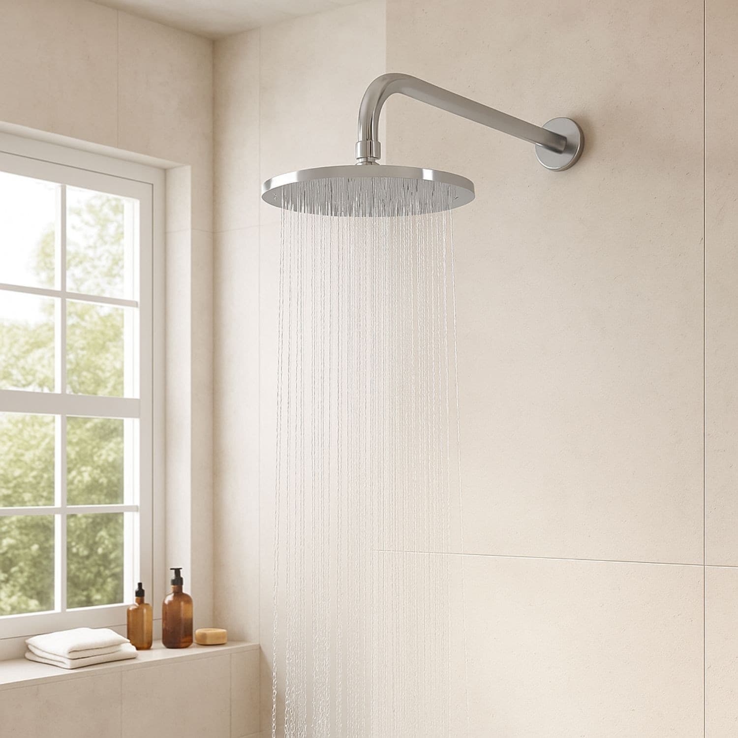 Braccio Doccia Ottone Cromato + Soffione Doccia Tondo Ottone Cromato Diam 300x8 Mm Spessore - 2