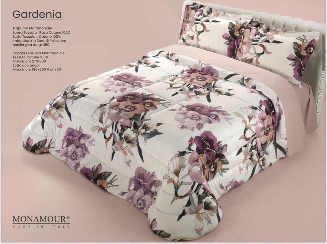 Trapunta matrimoniale art.Gardenia tessuto sopra:Raso cotone 100% tessuto sotto: cotone 100% imbottitura in fibra di poliestere anallergica gr.350 - 2