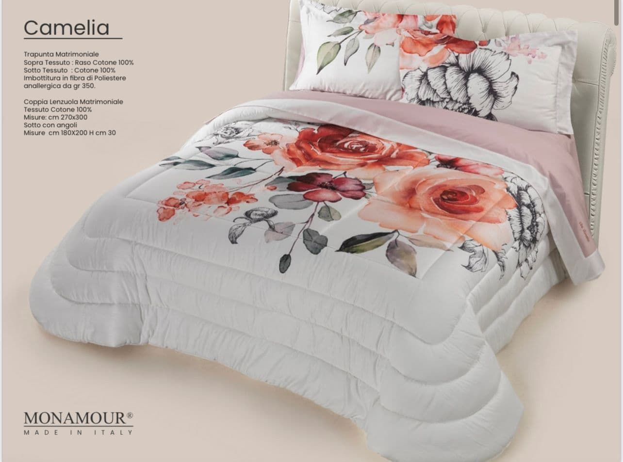Trapunta matrimoniale art.Camelia tessuto sopra:Raso cotone 100% tessuto sotto: cotone 100% imbottitura in fibra di poliestere anallergica gr.350 - 2