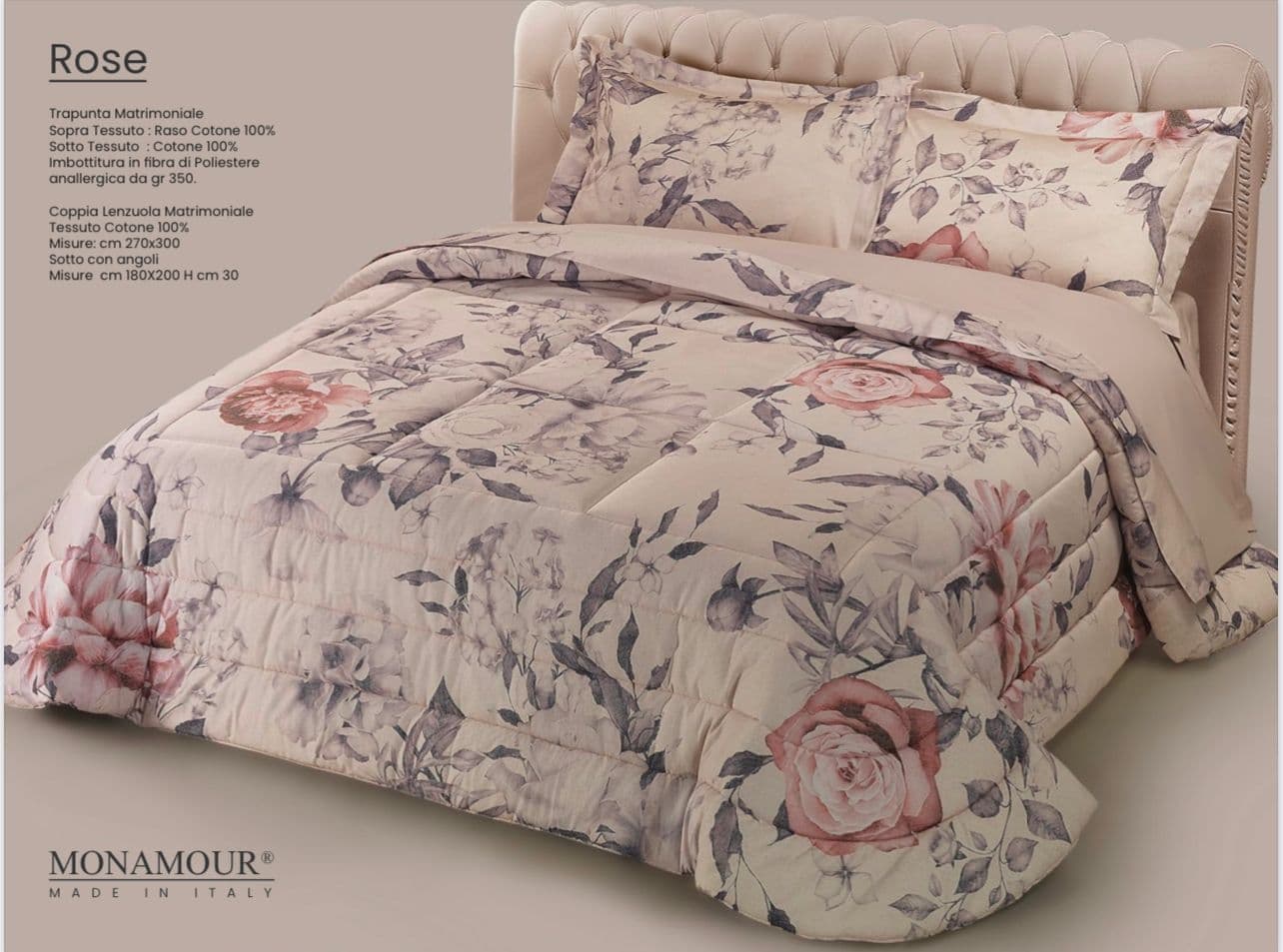 Trapunta matrimoniale art.Rose tessuto sopra:Raso cotone 100% tessuto sotto: cotone 100% imbottitura in fibra di poliestere anallergica gr.350 - 2