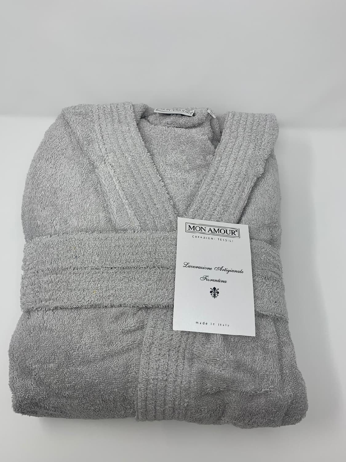 Accappatoio Mon Amour con cappuccio tinta unita grigio 400 gr.di spugna idrofila  TG.S - 2