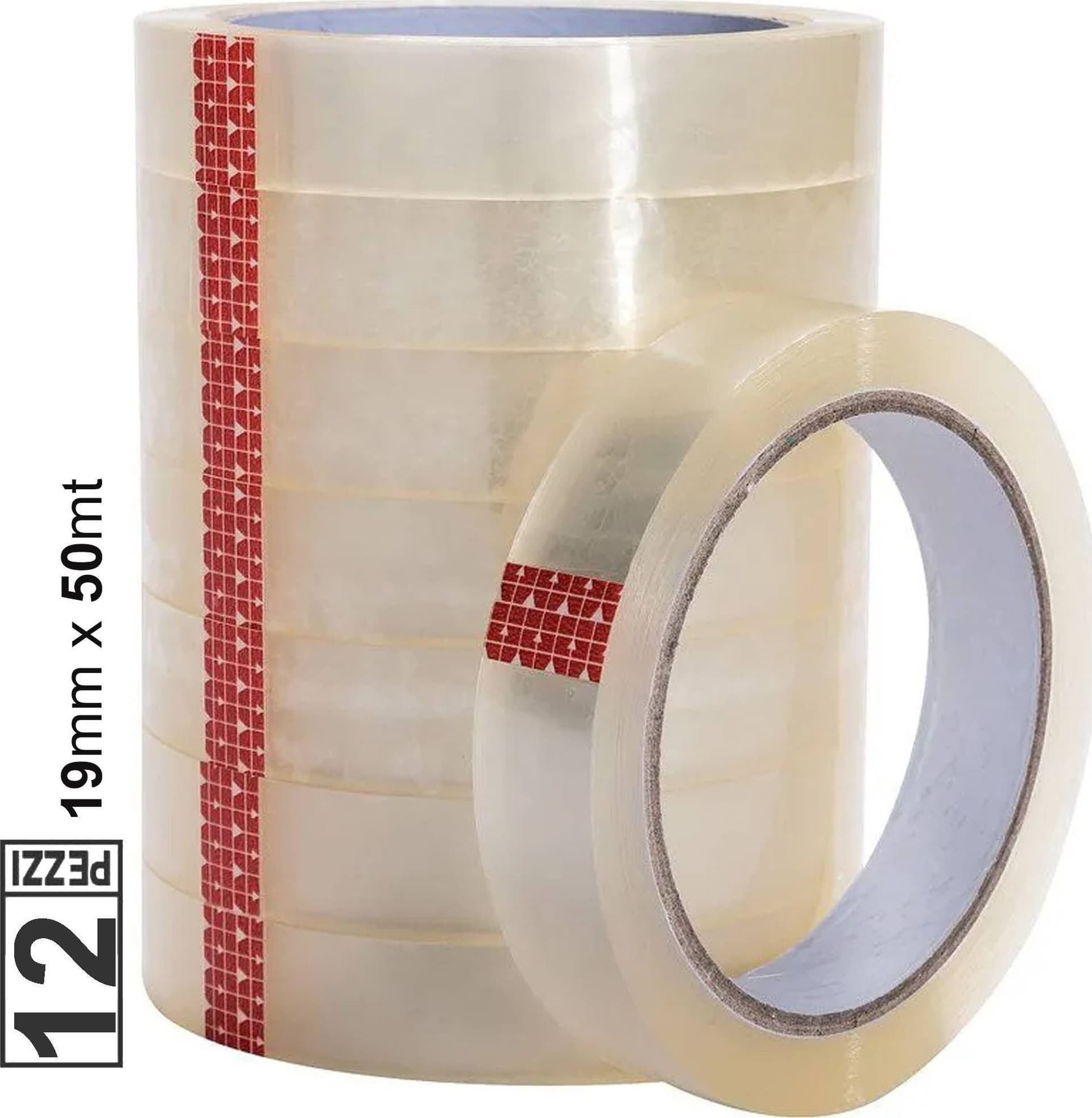 SET 12 PZ ROTOLO NASTRO ADESIVO TRASPARENTE 19MM X 50MT PER UFFICIO SILENZIOSO