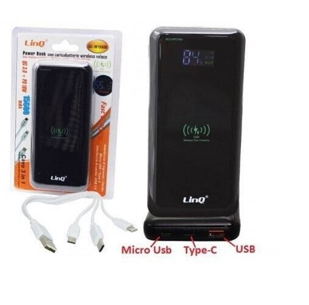 POWER BANK BATTERIA ESTERNA RICARICA VELOCE WIRELESS 15600MAH CARICABATTERIA QC-W15600 - 2