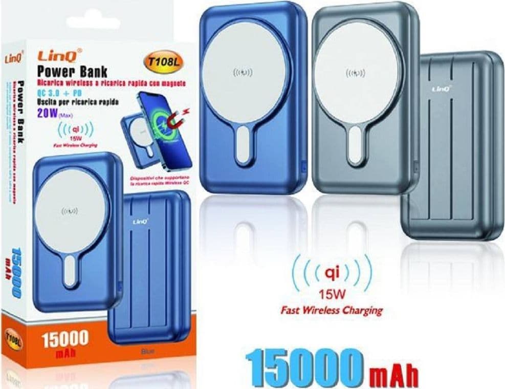 POWERBANK 15000MAH RICARICA RAPIDA WIRELESS CON MAGNETE 15W QC 3.0 + PD 20W T108L