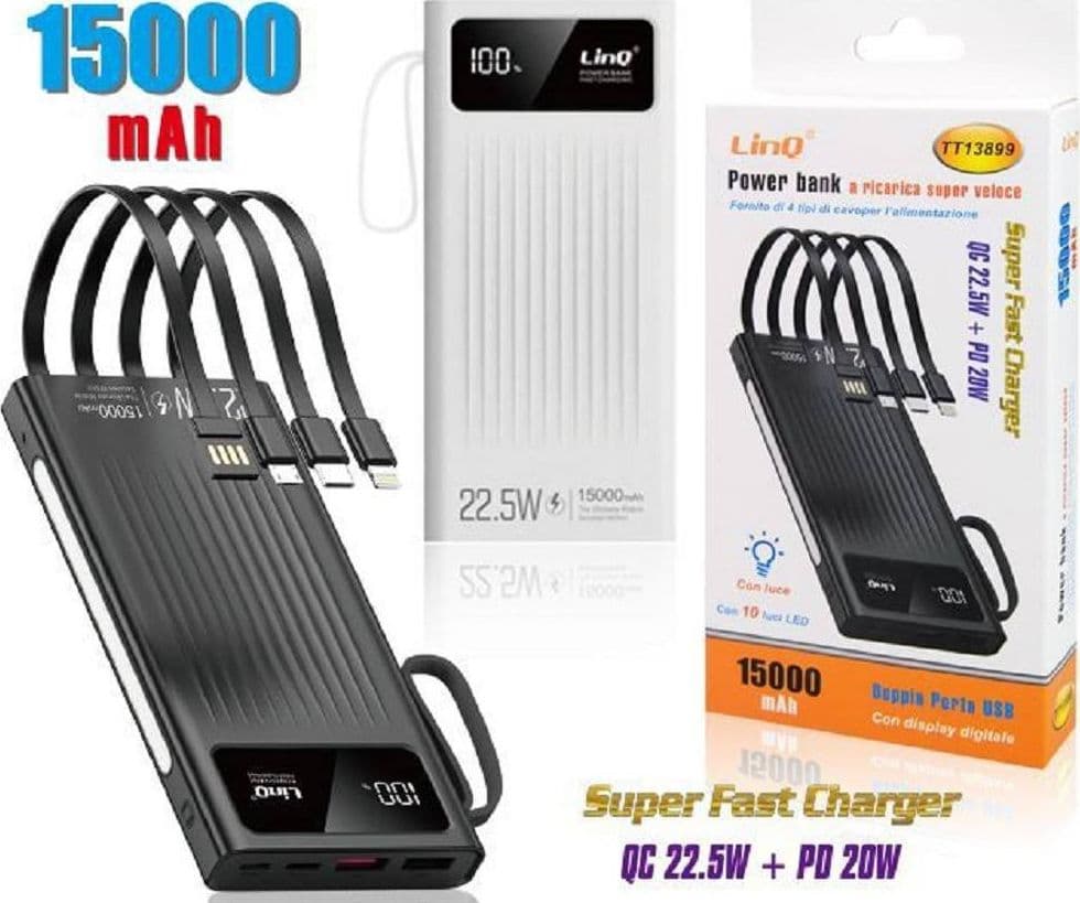 POWERBANK BATTERIA PORTATILE 15000MAH RICARICA SUPER VELOCE QC22.5W+PD20W TT13899 - 2