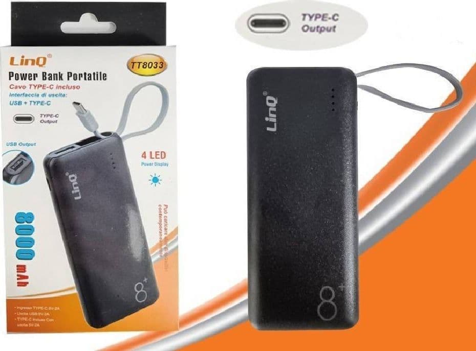 POWER BANK BATTERIA ESTERNA PORTATILE RICARICABILE 8000MAH CON PLUG TYPE-C TT8033 - 2