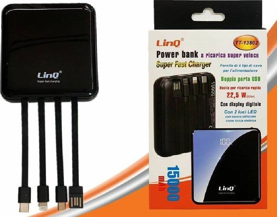 POWER BANK CON RICARICA SUPER VELOCE 22.5W 15000MAH DISPLAY LCD 4 CAVI TT-13802 - 2