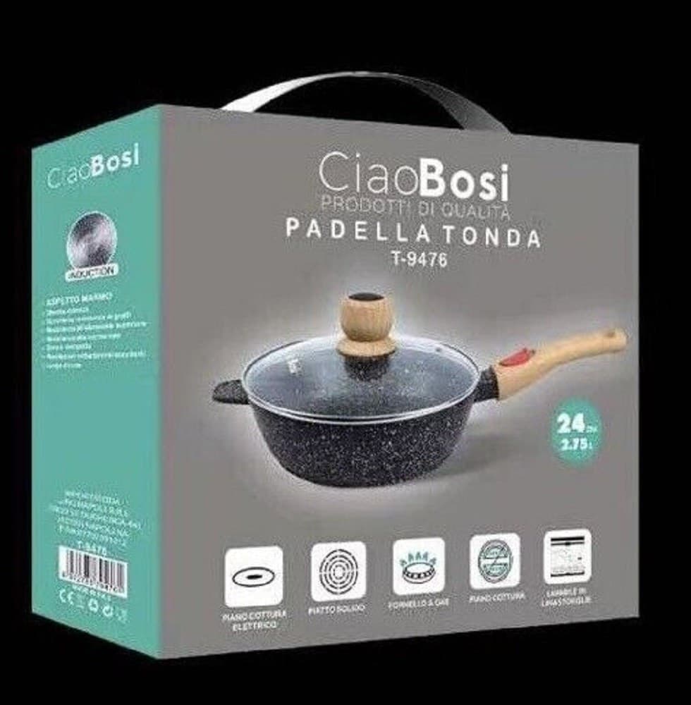 PADELLA TONDA T-9476 CUCINA 24CM 2.75LT CON MANICO COPERCHIO PER PIANO COTTURA - 5