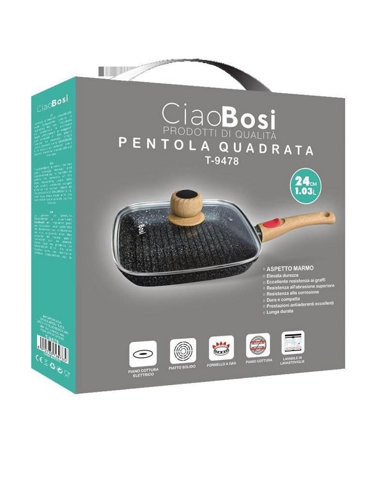 PADELLA PENTOLA QUADRATA CON MANICO COPERCHIO VETRO 24CM 1.03LT ANTIADERENTE T-9478 - 5