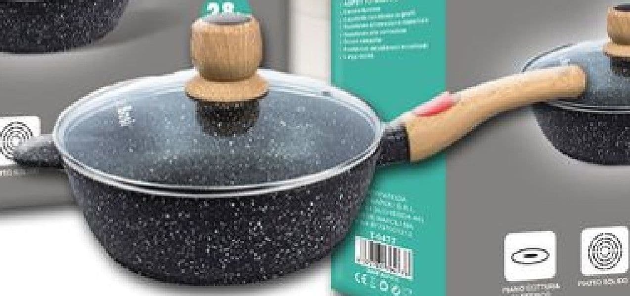 PADELLA TONDA CON MANICO IN LEGNO COPERCHIO IN VETRO 28CM 3,45LT CUCINA T-9477 - 3