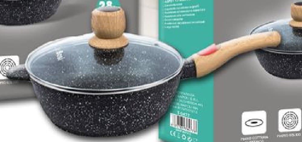 PADELLA TONDA CON MANICO IN LEGNO COPERCHIO IN VETRO 28CM 3,45LT CUCINA T-9477 - 3