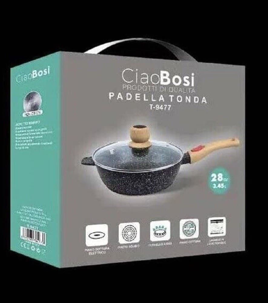 PADELLA TONDA CON MANICO IN LEGNO COPERCHIO IN VETRO 28CM 3,45LT CUCINA T-9477 - 4