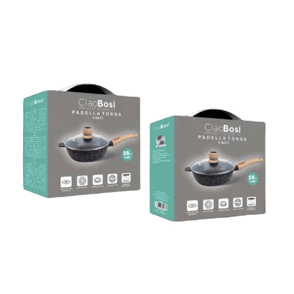 PADELLA TONDA CON MANICO IN LEGNO COPERCHIO IN VETRO 28CM 3,45LT CUCINA T-9477 - 5
