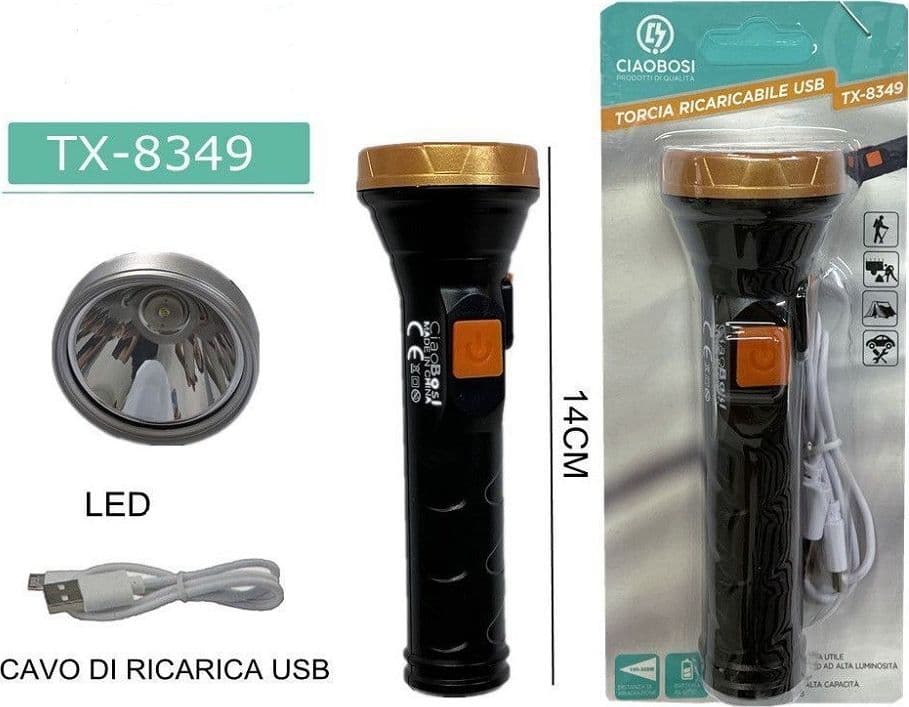 TORCIA ELETTRICA LUCE LED RICARICABILE USB PER ESCURSIONISMO CAMPEGGIO TX-8349 - 3