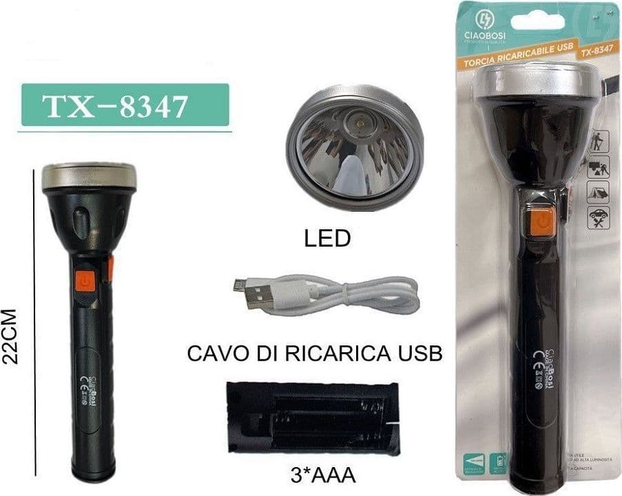 TORCIA RICARICABILE USB ELETTRICA LUCE LED ESCURSIONI CAMPEGGIO LAVORO TX-8347 - 3