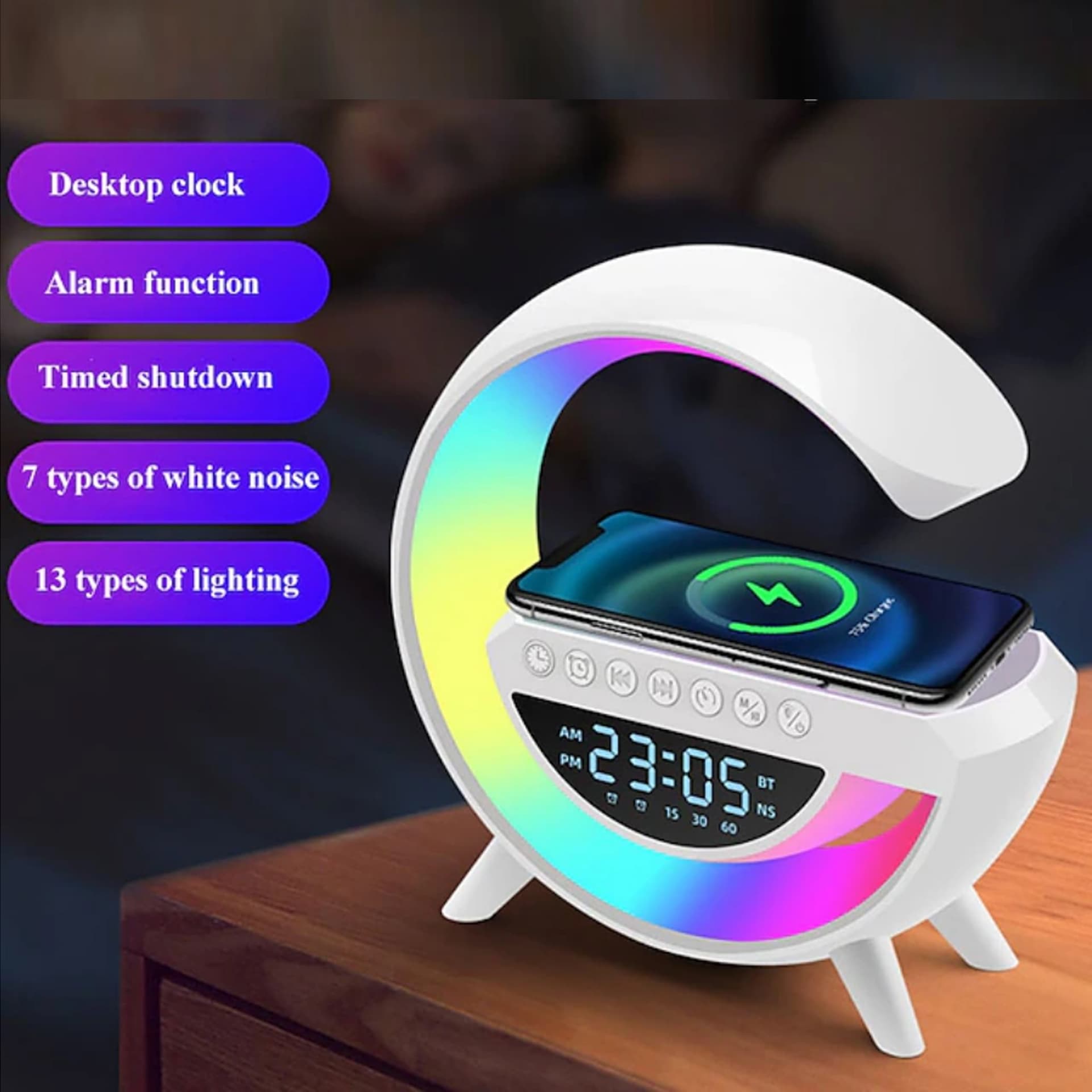 LAMPADA LED CARICABATTERIA WIRELESS CASSA SPEAKER A FORMA G CON SVEGLIA DISPLAY - 5