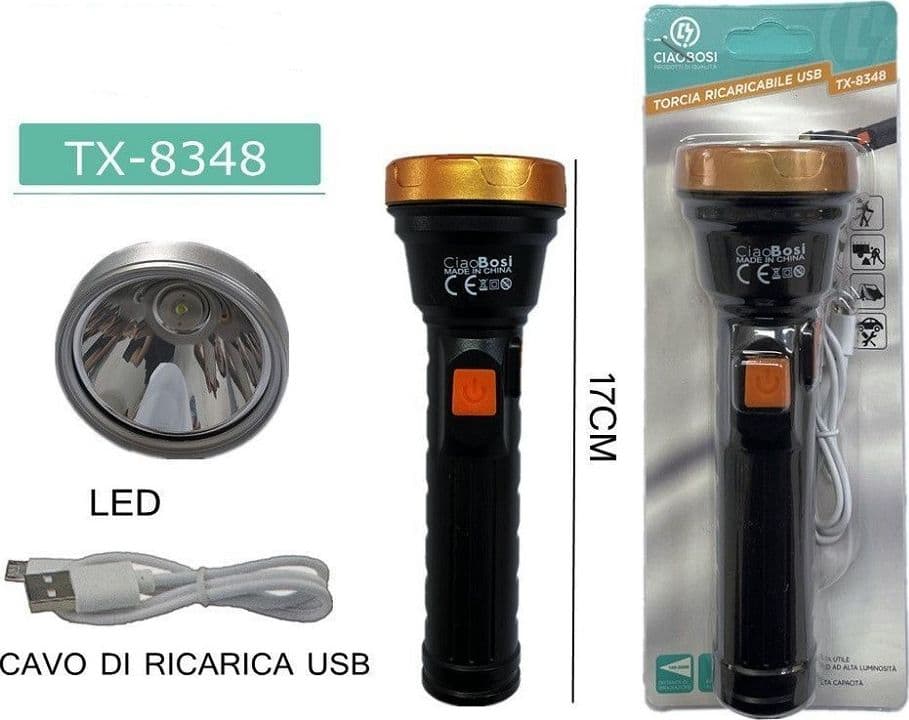 TORCIA ELETTRICA LUCE LED RICARICABILE USB PER CAMPEGGIO ESCURSIONI 17CM TX-8348 - 3