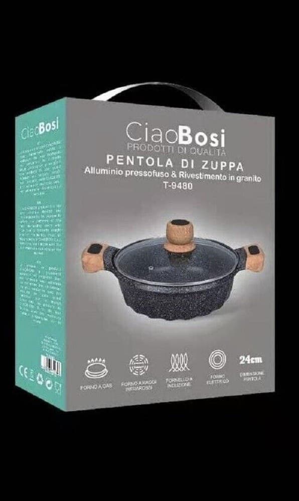 PENTOLA TEGAME PER ZUPPA RIVESTITO GRANITO CON COPERCHIO FONDO BASSO 24CM T-9480 - 2