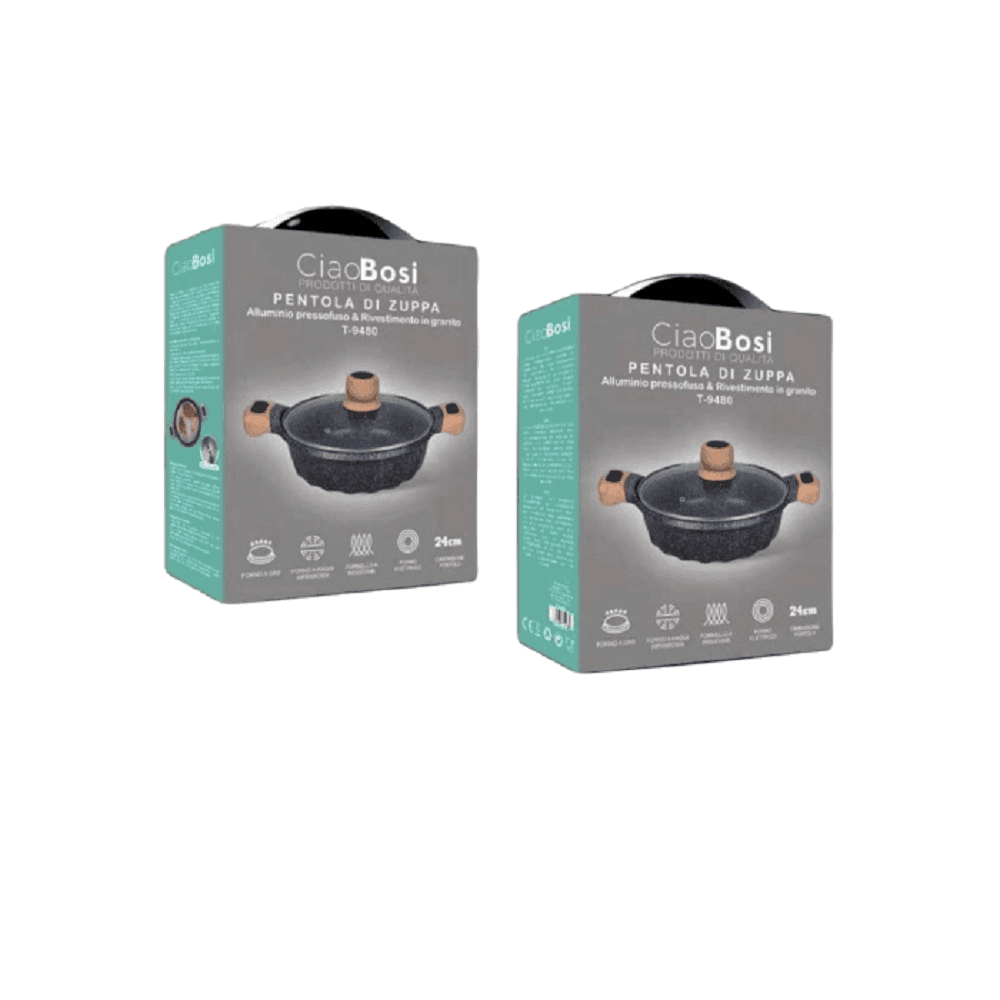 PENTOLA TEGAME PER ZUPPA RIVESTITO GRANITO CON COPERCHIO FONDO BASSO 24CM T-9480 - 3