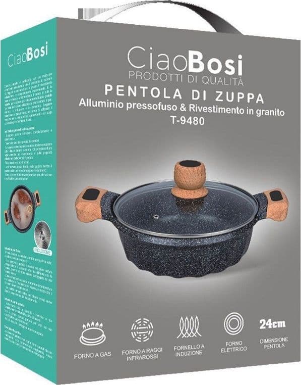 PENTOLA TEGAME PER ZUPPA RIVESTITO GRANITO CON COPERCHIO FONDO BASSO 24CM T-9480 - 4