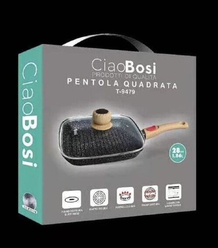 PADELLA QUADRATA CON MANICO COPERCHIO 28CM 1,86LT PER PIANO COTTURA ALIMENTI T-9479 - 4