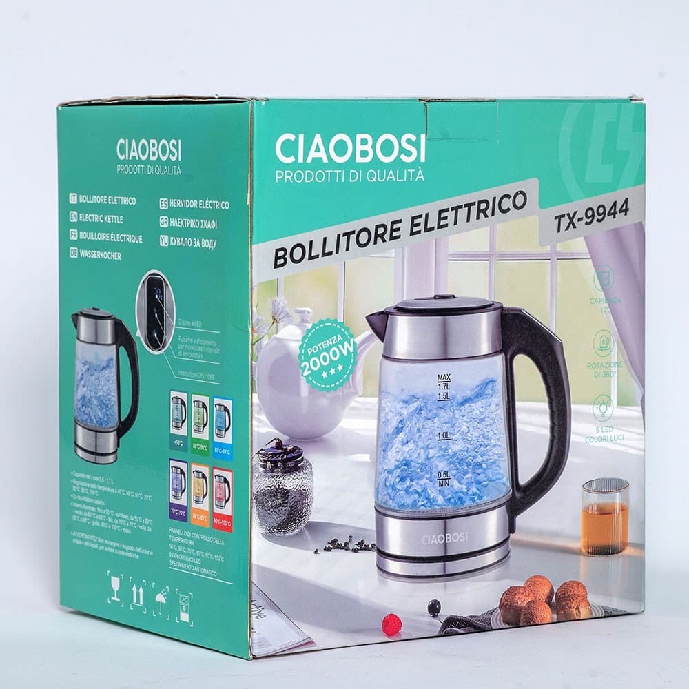 BOLLITORE ELETTRICO IN VETRO CAPACITÀ 1,7 LT 2000 W ACQUA UFFICIO VIAGGI TX-9944 - 6