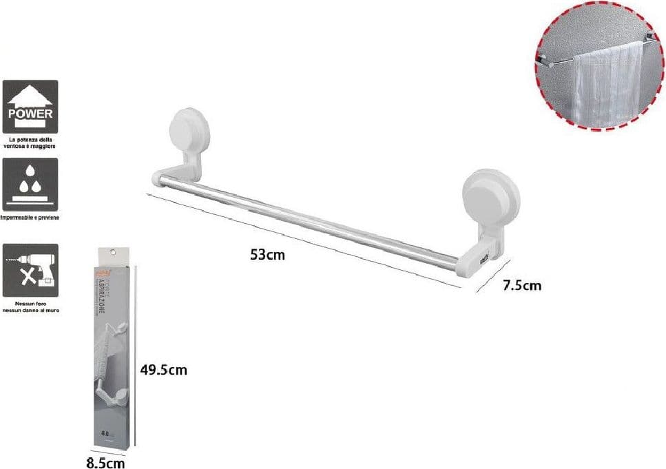 PORTA ASCIUGAMANI BAGNO A PARETE CON VENTOSA APPENDI ASCIUGAMANO 53X7.5CM 59551 - 3