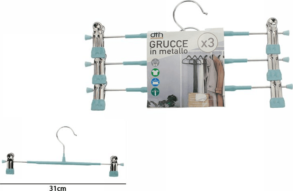 SET 3 GRUCCE PANTALONI IN METALLO AZZURRO ARMADIO CLIP ANTISCIVOLO GONNE SHORTS