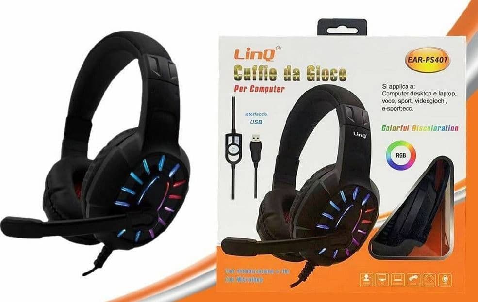 CUFFIE DA GIOCO HEADSET CON MICROFONO LED RGB GAMING USB PER PC COMPUTER EAR-PS407 - 2