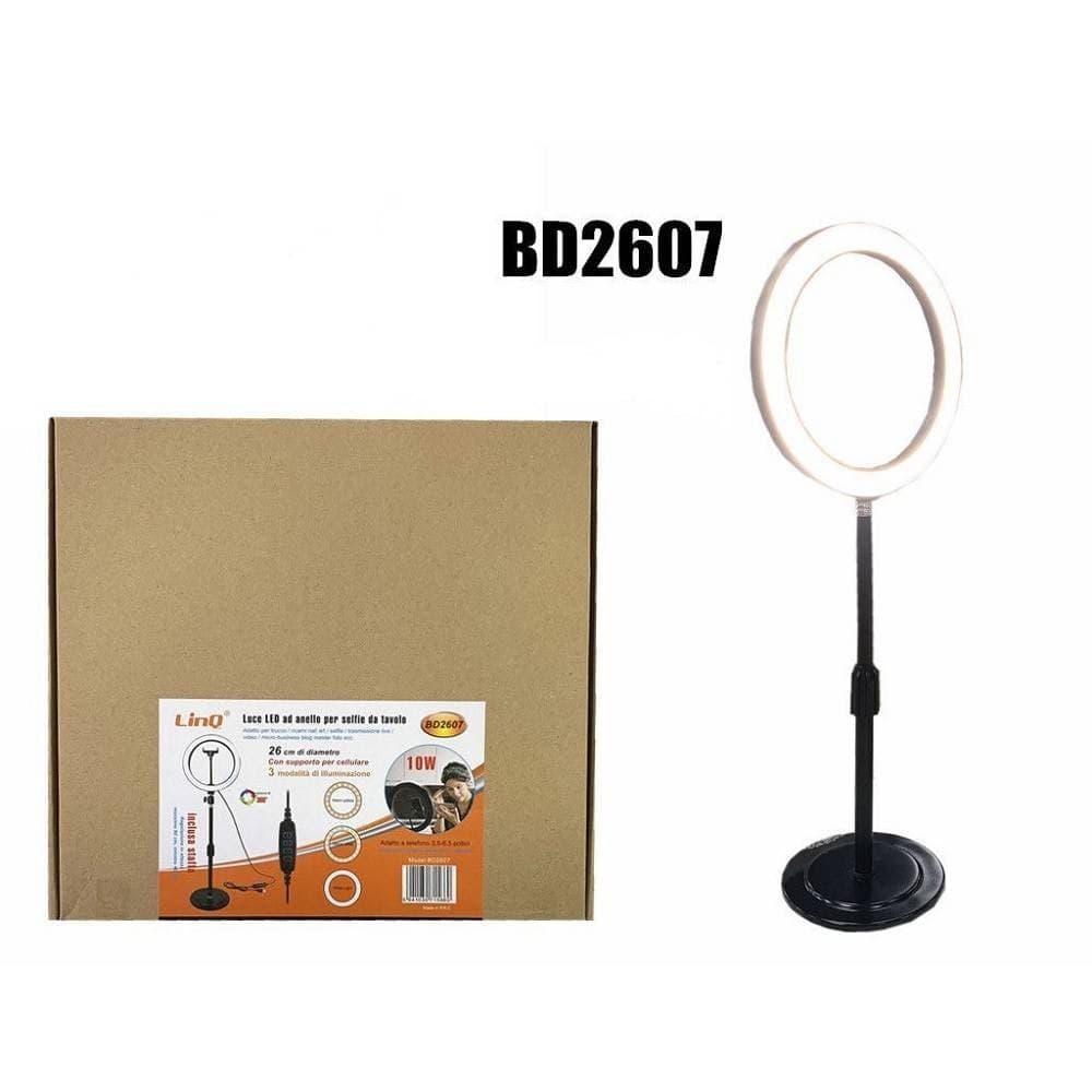 LUCE LED AD ANELLO LUMINOSO PER SELFIE STAFFA DA TAVOLO 10W DIAMETRO 26CM BD2607 - 2
