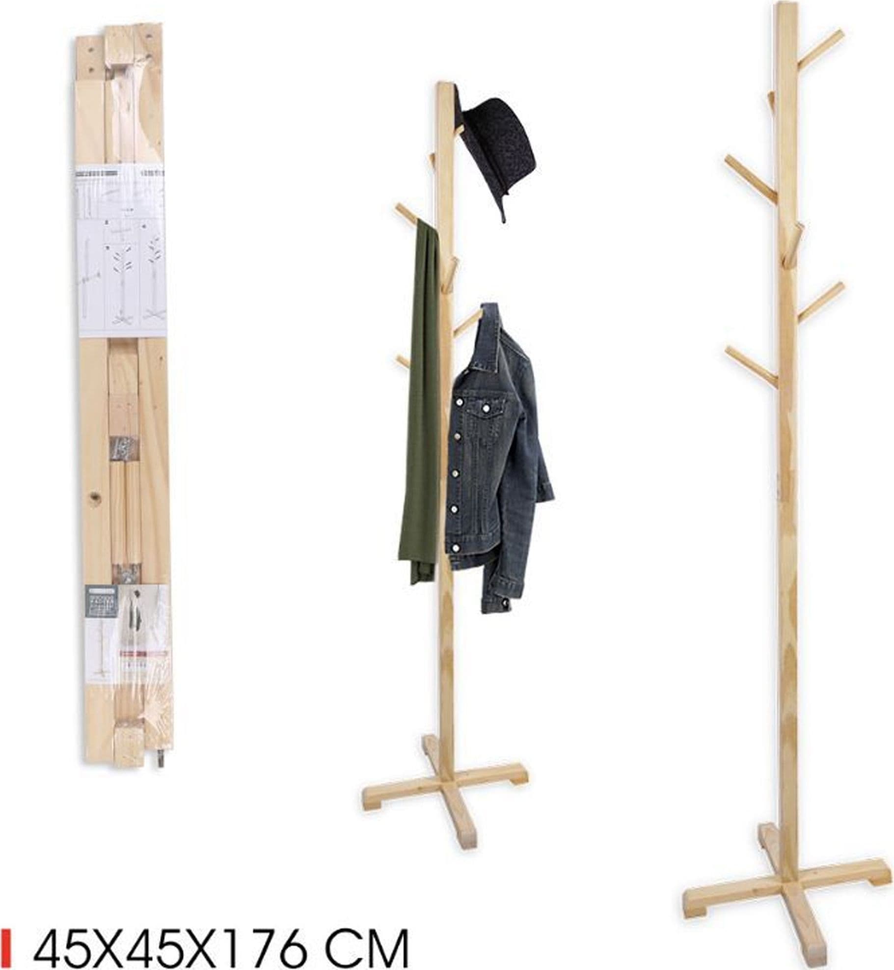ATTACCAPANNI APPENDIABITI A PIANTANA TERRA IN LEGNO NATURALE 6 GANCI 45X45X176CM - 2