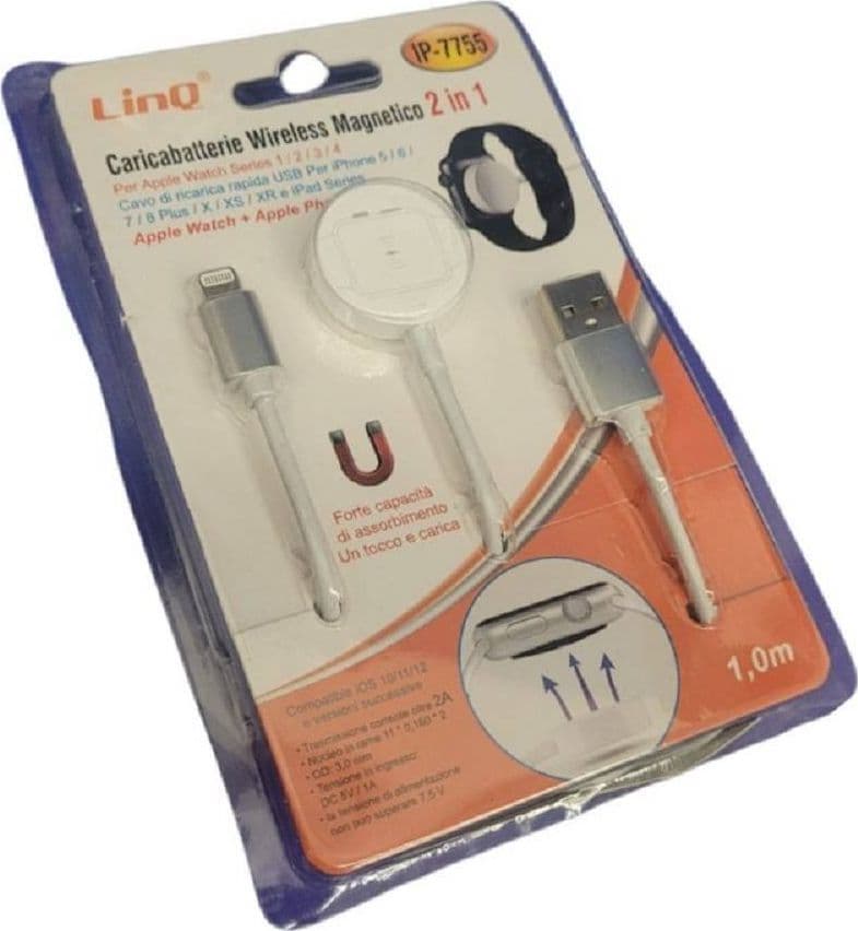 CARICABATTERIE WIRELESS MAGNETICO 2IN1 PER WATCH 1 2 3 4 CAVO IPHONE 1MT IP-7755 - 2