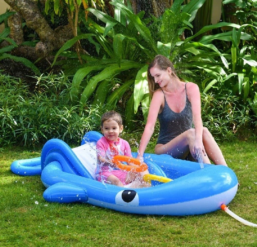 PARCO GIOCHI ACQUATICO GONFIABILE SCIVOLO PISCINA BLUE WHALE 210X130X35CM 57166 - 2
