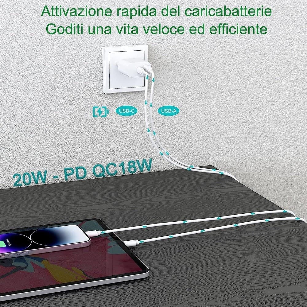 CARICATORE 20W USB A USB C PD 3.0 PER IPHONE XIAOMI HUAWEI SAMSUNG CARICABATTERIA - 7
