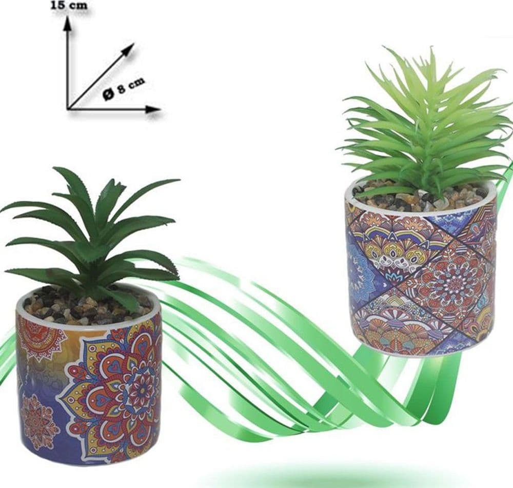 VASO IN CERAMICA CON PIANTINA ARTIFICIALE 15 CM PIANTA IDEA REGALO BOMBONIERA - 2