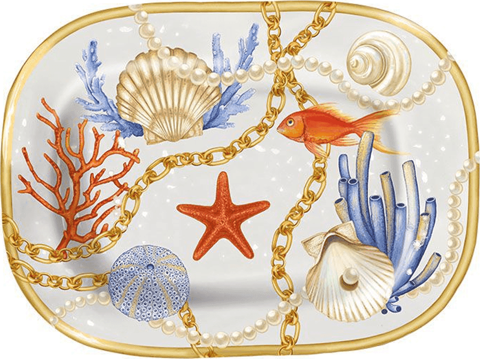 VASSOIO RETTANGOLARE CON CONCHIGLIE CORALLI STILE MARINO SVUOTATASCHE 42*31 CM - 2