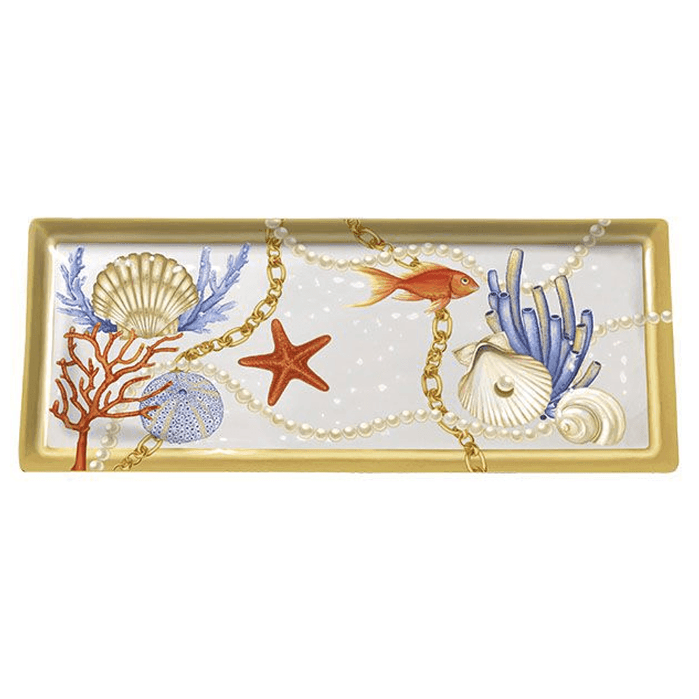 VASSOIO RETTANGOLARE CON CONCHIGLIE CORALLI STILE MARINO SVUOTATASCHE 37X16 CM - 2