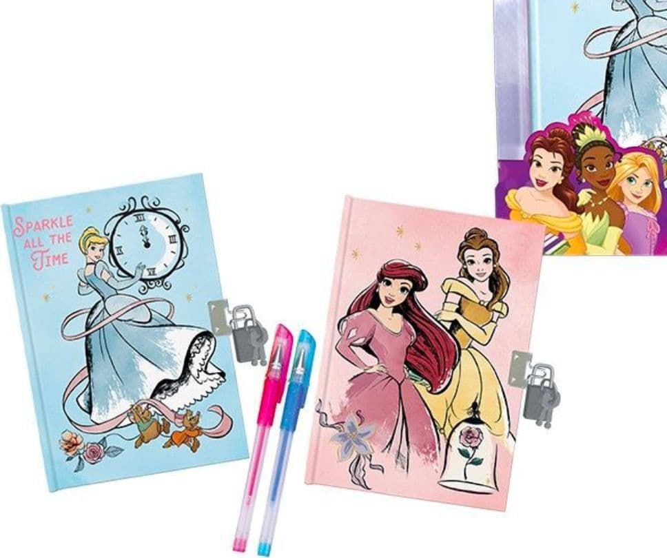 SET DIARI SEGRETI PRINCIPESSE DISNEY LUCCHETTO CHIAVI PENNE GLITTERATE COLORATE - 2