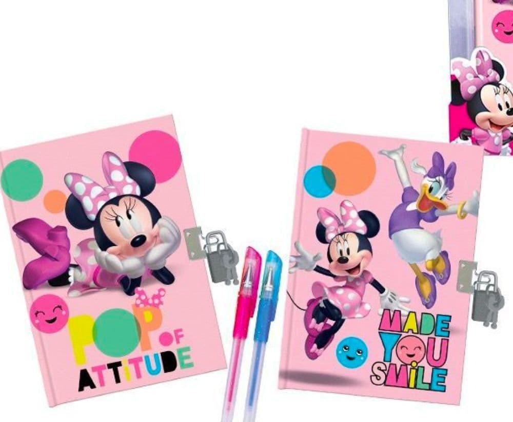 SET DIARI SEGRETI MINNIE DISNEY CON LUCCHETTO CHIAVI PENNE GLITTERATE COLORATE - 2
