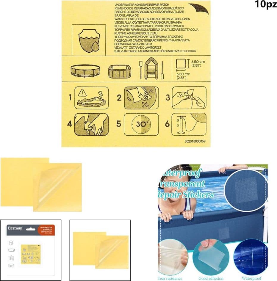 KIT 10PZ TOPPE DI RIPARAZIONE AUTOADESIVE PER PISCINE RESISTENTI ALL'ACQUA 62091 - 10