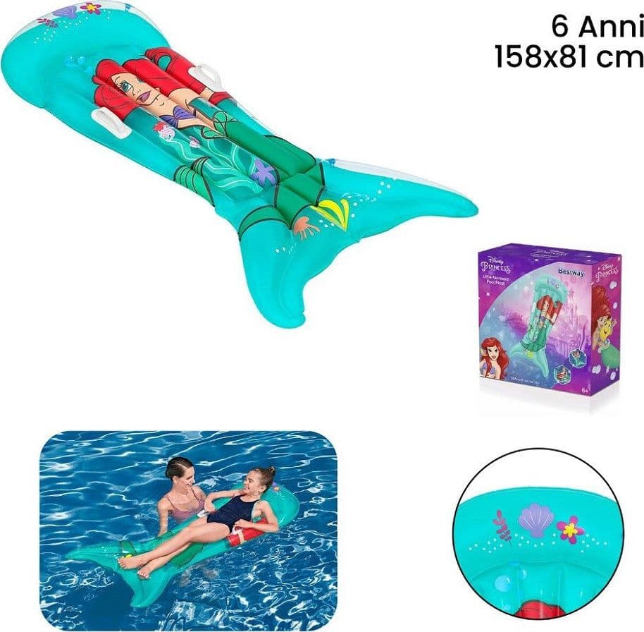 MATERASSINO GONFIABILE SIRENETTA 158X81 CM CON MANIGLIE PER BAMBINE PISCINA 9101F - 2