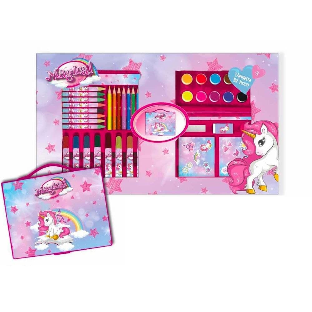 VALIGETTA CON COLORI MAGICO UNICORNO SET PER COLORARE GIOCO PER BIMBE 52 PEZZI