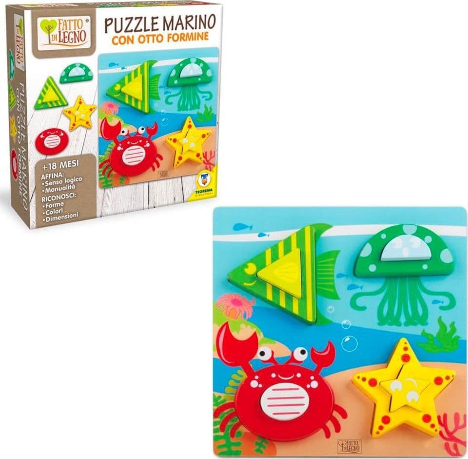 PUZZLE IN LEGNO ANIMALI MARINI 8 FORMINE GIOCO EDUCATIVO ABILITÀ PER BIMBI 18+