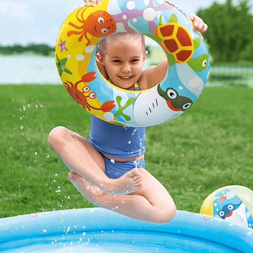 PISCINA GONFIABILE BESWTAY PER BAMBINI 2 ANELLI COLORATI CON CIAMBELLA E PALLONE - 2