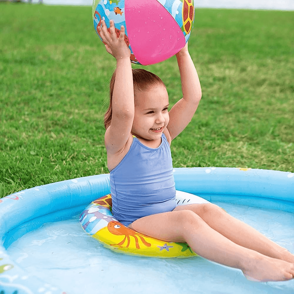 PISCINA GONFIABILE BESWTAY PER BAMBINI 2 ANELLI COLORATI CON CIAMBELLA E PALLONE - 3
