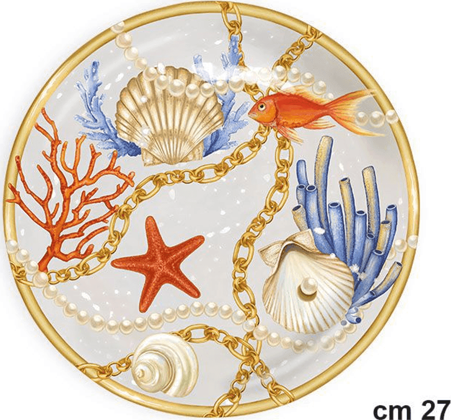 PIATTO PIANO DA PORTATA CON CONCHIGLIE CORALLI STILE MARINO CENTROTAVOLA DIAM 27 - 2
